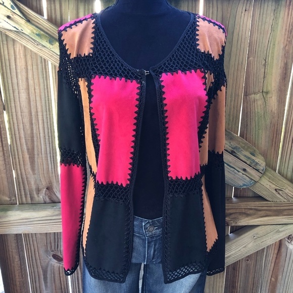 T &W Designs Colorblock Patchwork Faux Suede & Black Crochet Cardigan Size L - Picture 2 of 7